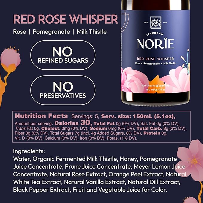 Norïe Red Rose Whisper – Award-Winning Non-Alcoholic Sparkling Blend crafted from Roses, Pomegranate & Organic Fermented Milk Thistle | Bold & Romantic Non-Alcoholic Drink 750 ml