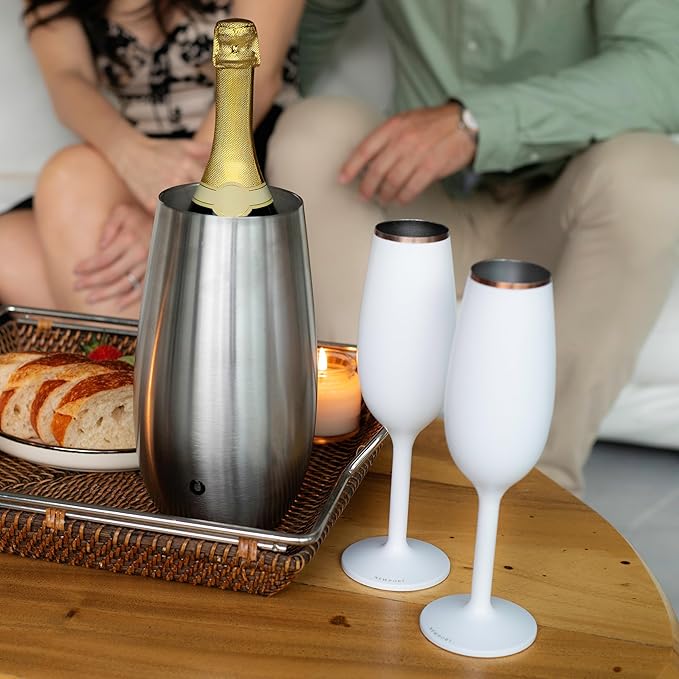 SNOWFOX Premium Vacuum Insulated, Triple Walled, Stainless Steel Wine Chiller w/Optimal fit to keep wine cold longer. Fits most Wine and Champagne Bottles. Non-Slip Silicon Base, Steel