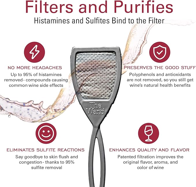 PureWine The Wand Wine Purifier - Red & White Wine Filters for Histamines & Sulfites, Sulfite Remover Sticks, Helps Allergies & Headaches, Gift Accessories for Women & Men - 24 Wands, Silver