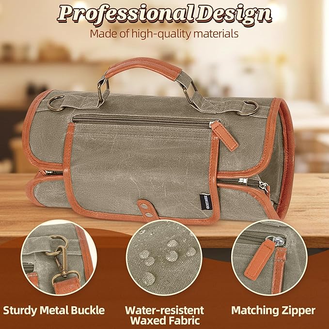 Travel Bartender Kit Bag with 22-Pc Cocktail Shaker Set, Waxed Canvas Protable Carrying Bartender Bag with Stainless Steel Bar Tool Set, Roll-Up Bartenders Kits for Professional Bartenders