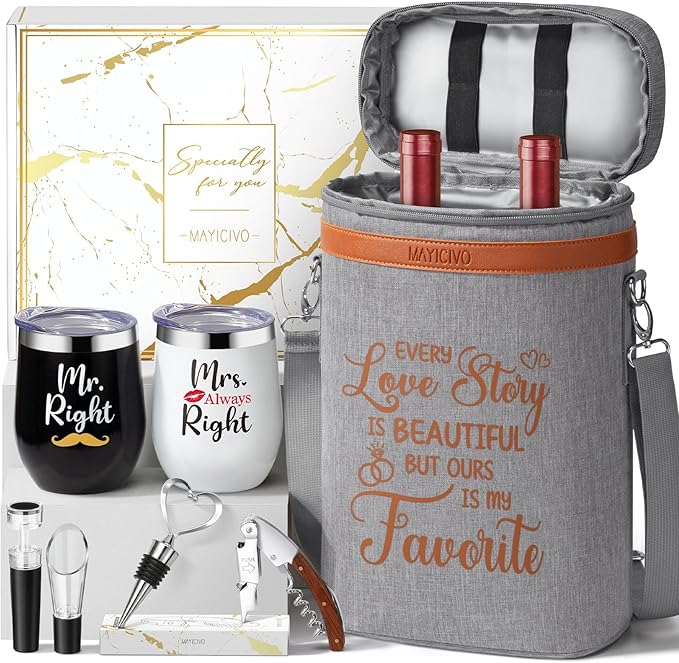 Anniversary Engagement Gifts for Men Women, Mr and Mrs Wine Tumblers Gifts Basket- Wedding Gifts for Couple, Bridal Shower, Newlywed, Husband, Wife - Insulated Wine Cooler Tote Bag w/Wine Accessories