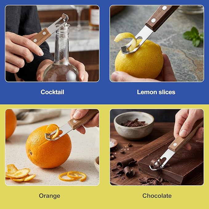 Stainless Steel Channel Knife Bar Tool, Walnut Handle Lemon Twist Tool & Citrus Zester, Lemon Peeler & Orange Peeler for Cocktails, Drink Garnish Zester Tool for Home Bartenders