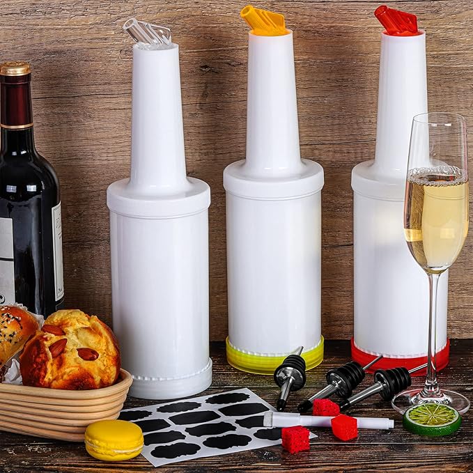 Ruisita 6 Pack Bar Juice Pour Bottles Plastic Bar Pour Bottles with Stainless Steel Bottle Pourer Tapered Spout Fruit Juice and Liquor Containers for Bar Supplies (34 Ounces, Multicolor)