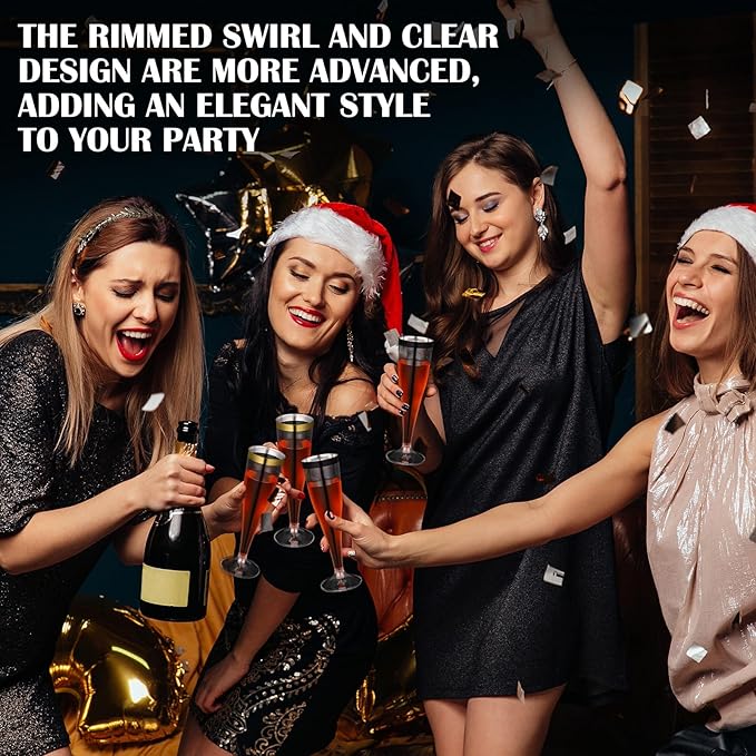 Jingmore 12 Pcs Plastic Champagne Flutes 4.5 oz Clear Disposable Wine Glasses Cocktail Cup Champagne Glass for Wedding Graduation Summer Party Favor Mimosa Bar Supplies (Black,Gold)