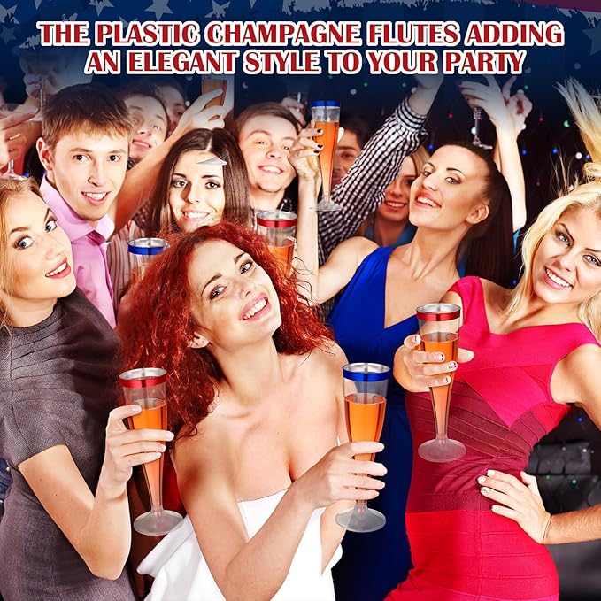 Jingmore 36 Pcs Plastic Champagne Flutes 4.5 oz Clear Disposable Wine Glasses Cocktail Cup Champagne Glass for Wedding Graduation Summer Party Favor Mimosa Bar Supplies (Blue,Red)