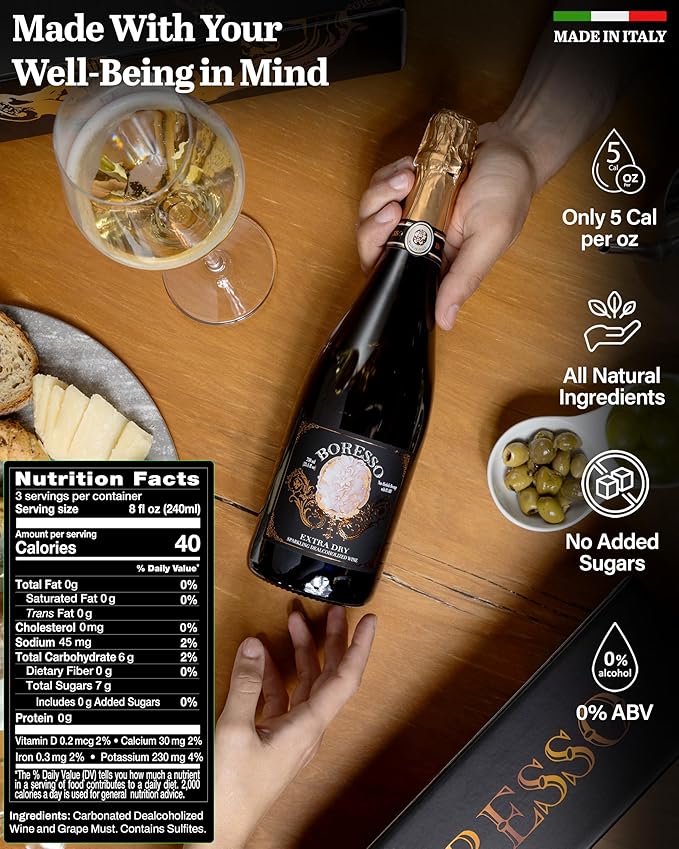 Boresso Extra Dry 0.0% ABV Non-Alcoholic Sparkling Wine With Gift Box Perfect Alcohol-Free Champagne Alternative Dealcoholized From Italy 750ml