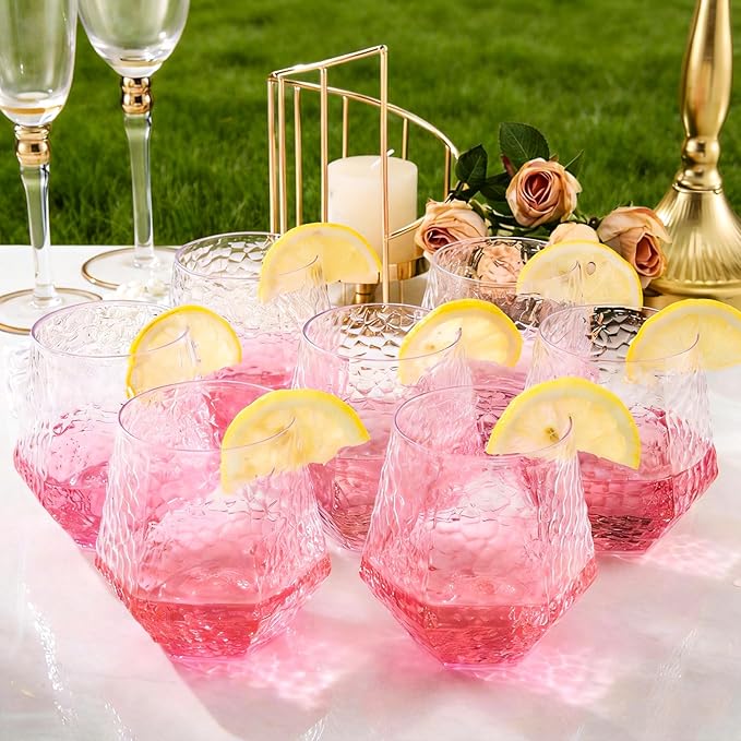 Goodluck 40 PCS Diamond Stemless Plastic Wine Glasses, 12 Oz Disposable Fancy Plastic Cups, Suitable for Weddings, Birthday Parties, Family Gatherings, Bars, etc （Hammered Clear cups）