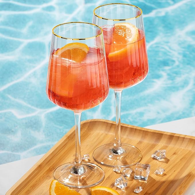 Joeyan Hand-Blown Crystal Wine Glasses for White and Red,Gold Rimmed Striped Drinking Glasses,Stemmed Wine Glass Tumbler Cup,Gifts for Wine Tasting Birthday Anniversary Wedding,19 oz,Set of 2