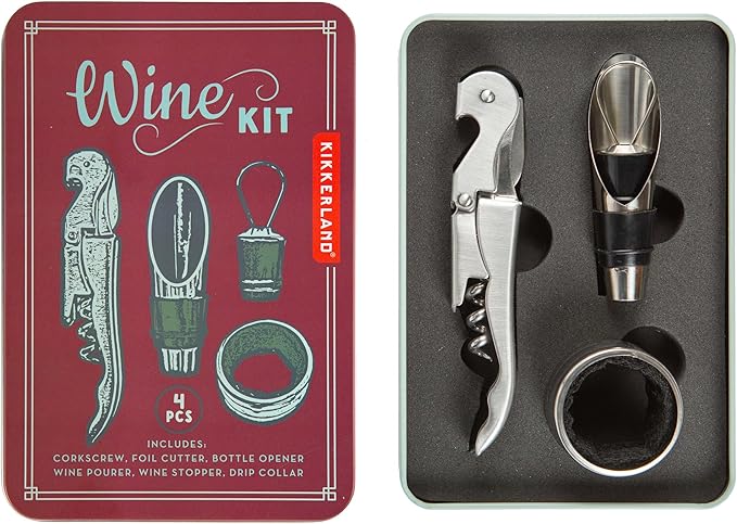 Kikkerland Wine Kit – Stainless Steel Tools for Home & Travel – Wine Pourer, Stopper, Drip Collar, & Corkscrew