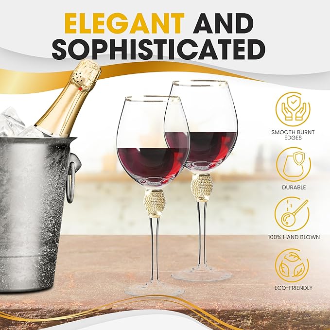 Premium Wine Glasses Set of 6 - Crystal Long Stem Wine Glass with Gold Rim & Rhinestone Design - 18 oz