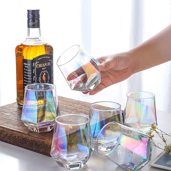 Wine Glasses Set of 6 (10 Oz), Stemless Wine Glass for Red and White Wine, Iridescent Diamond Shaped Glassware for Whiskey, Cocktail, Best Gift Anniversary, Wedding, Housewarming, Birthday