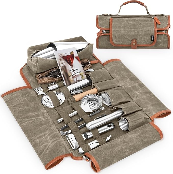 Travel Bartender Kit Bag with 22-Pc Cocktail Shaker Set, Waxed Canvas Protable Carrying Bartender Bag with Stainless Steel Bar Tool Set, Roll-Up Bartenders Kits for Professional Bartenders
