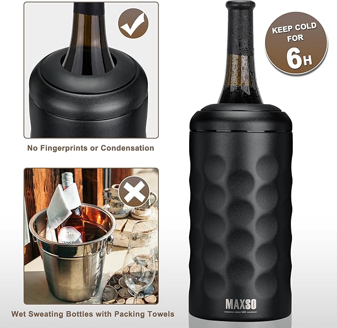 MAXSO Wine Chiller Bucket, Portable 750 ml Champagne & Wine Bottle Cooler Keep Wine & Beverages Cold, Stainless Steel Vacuum Insulated Wine Gifts for Wine Lovers - Black