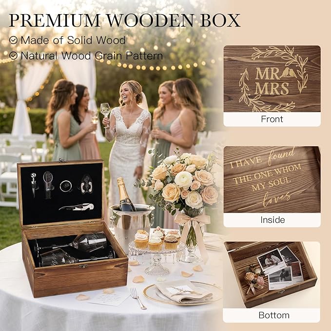 Wedding/Anniversary/Engagement/Bridal Shower and Bachelorette Gifts for Couples,Bride & Newlywed, Engraved Mr and Mrs Wine Glasses with 5-Piece Wine Accessory Kit (Wreath Design)