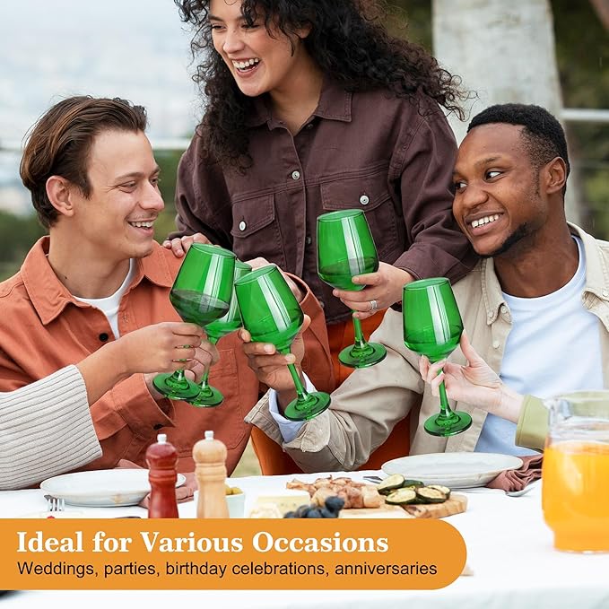 Green Wine Glasses Set of 6, 14oz Stemmed Glasses, Thick & Colored, Dishwasher Safe Stemware for Red or White, Gift for Party, Holiday, Anniversary, Restaurant, Home Bar, Daily Use