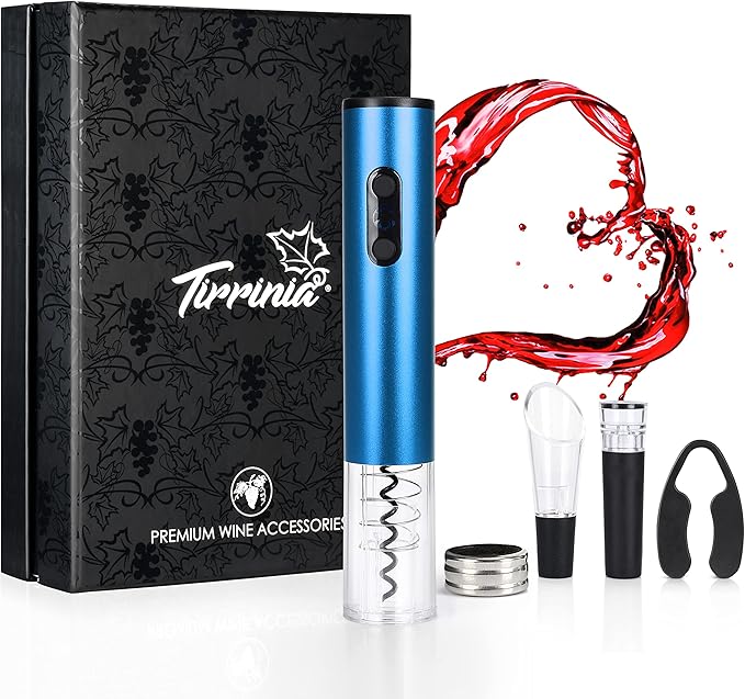 Tirrinia Electric Wine Opener Set, Wine Bottle Cork Remover Accessory Tool Kit with Wine Aerator Pourer,Foil Cutter, Drip Ring and Vacuum Stopper, Perfect Wine Gift, Blue