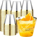RACETOP 100 Pack 9 oz Gold Plastic Cups Tumbler, Disposable Cups with Gold Rim for Party, Heavy-duty Clear Plastic Wine Glasses, Disposable Wedding Cups