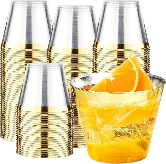 RACETOP 100 Pack 9 oz Gold Plastic Cups Tumbler, Disposable Cups with Gold Rim for Party, Heavy-duty Clear Plastic Wine Glasses, Disposable Wedding Cups