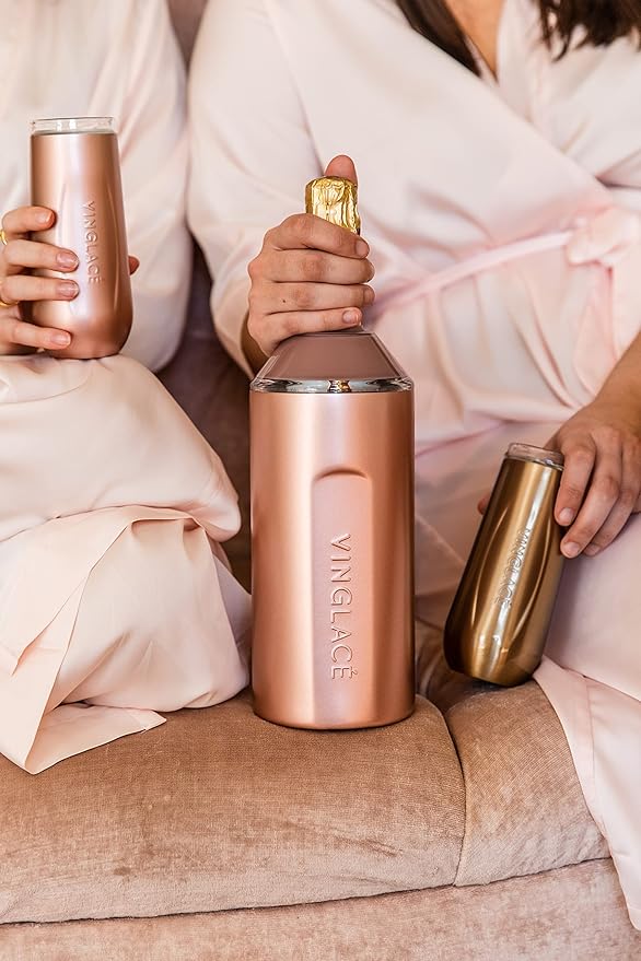 Vinglacé Champagne Bottle Chiller Gift Set- Portable Stainless Steel Sparkling Wine Cooler with 2 Stemless Champagne Flutes, Rose Gold
