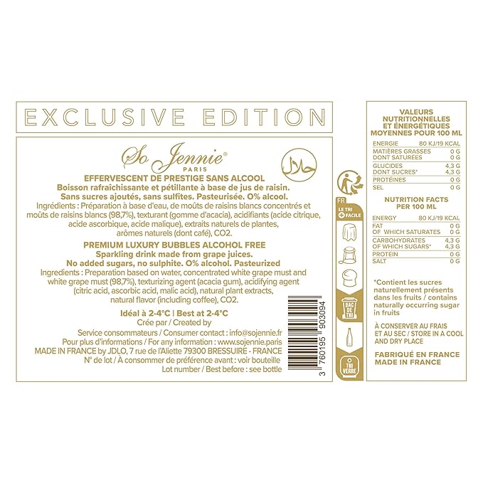 So Jennie Paris Non-Alcoholic Blanc Dry Sparkling Champagne Alternative - Certified Halal, Low Calorie, Sulfite Free - No Preservatives, No Added Sugar (750ml, 1 Bottle)