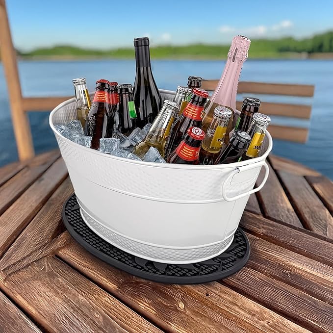 BREKX Galvanized Drinks Tubs with Insulated Bar Mats (Set of 2 tubs + 2 Bar Mats) - Wine and Beer Drip-Proof Party Tubs