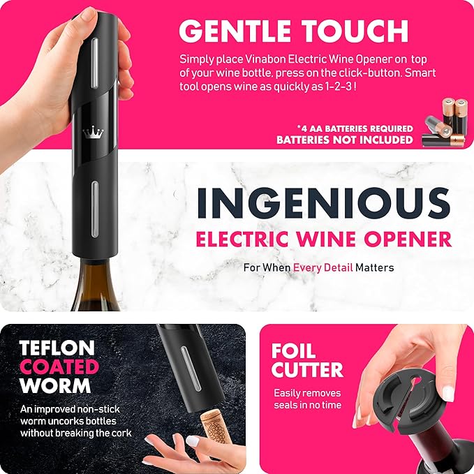 VINABON Battery-Operated Wine Opener - Updated 2026 Electric Wine Bottle Opener with Wine Foil Cutter - One-Click Reusable Automatic Electronic Wine Opener Corkscrew. Includes WineGuide Ebook