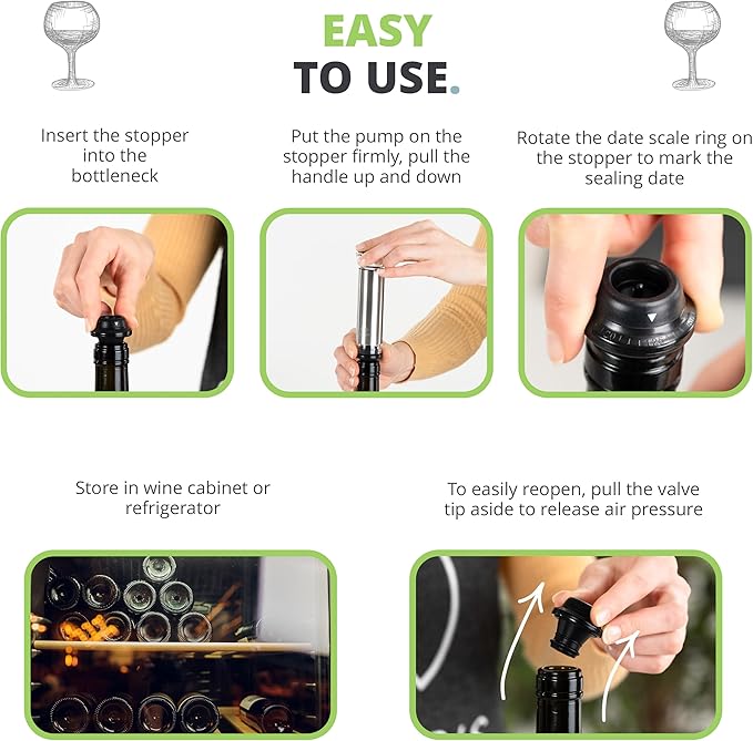 Oliver's Kitchen ® Premium Wine Saver - Vacuum Pump with 4X Wine Stoppers - Wine Stopper Keeps Wine Fresher for Longer - Wine Preserver Perfect for Cork Bottles - Perfect Wine Accessories Gift