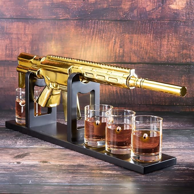 AR15 Gold Whiskey Decanter Set with 4 Bullet Glasses - The Wine Savant, Gift for Dad, Uncle, Son - Veteran, Military, or Home Bar Gift - Unique Whiskey Gift for Men, Father’s Day or Winter