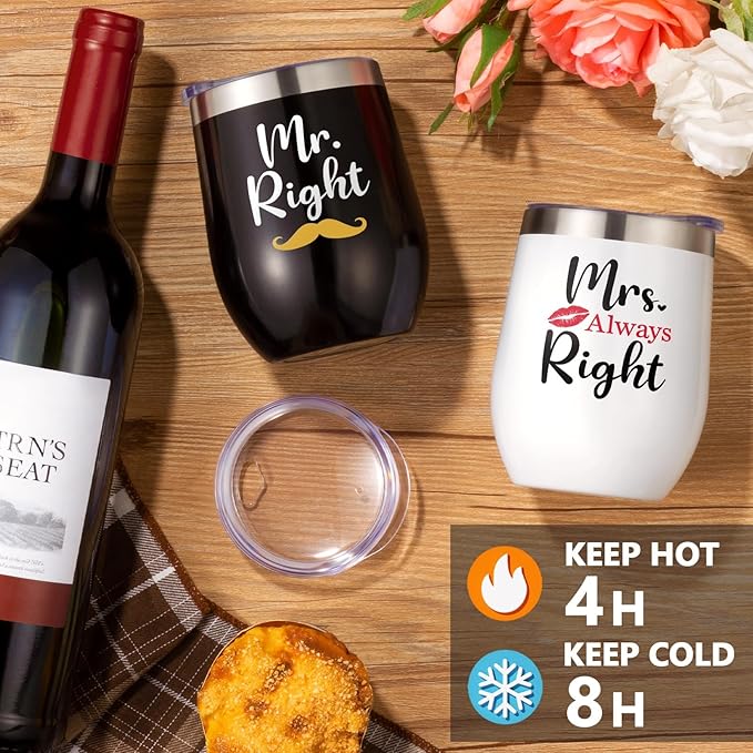 Anniversary Engagement Gifts for Men Women, Mr and Mrs Wine Tumblers Gifts Basket- Wedding Gifts for Couple, Bridal Shower, Newlywed, Husband, Wife - Insulated Wine Cooler Tote Bag w/Wine Accessories