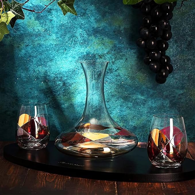 Artisanal Hand-Painted Decanter & Stemless Wine Glasses Set – Mother’s Day, Wife, Mom, or Friends – Romantic Stained Glass Windows, 2-Piece Set – Birthday or Housewarming Gift Idea