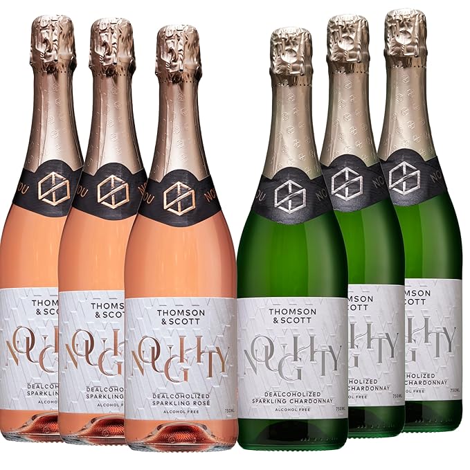 Thomson & Scott Noughty Sparkling Wine Bundle, 3 Rosé + 3 Chardonnay, Alcohol Free, Dealcoholized Non Alcoholic Wine, Light, Medium Sweetness, Low Acidity, Halal, 0% ABV, 750ml Bottle, 6 Pack
