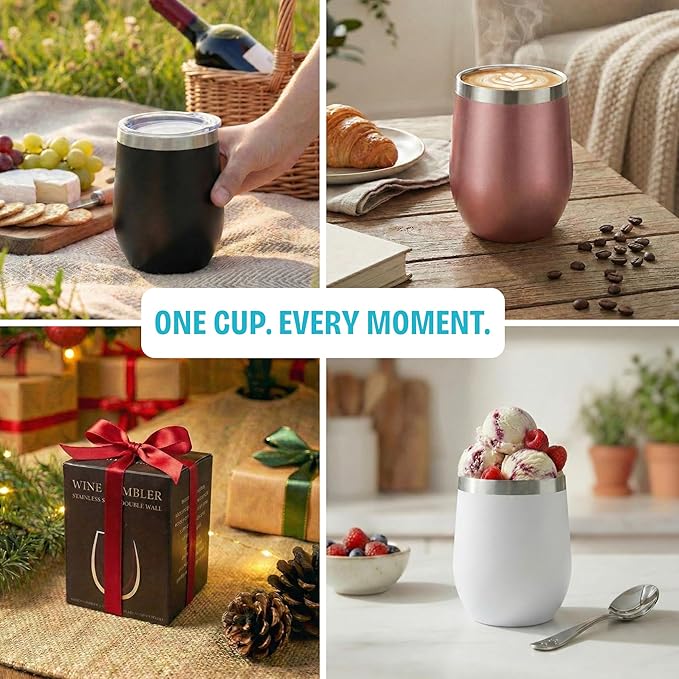 CHILLOUT LIFE 12 oz Stainless Steel Wine Tumblers 2 Pack - Double Wall Vacuum Insulated Wine Glasses Cups with Lids and Straws Set Keeping Cold & Hot for Coffee, Beer, Ice Cream - Powder Coated Red