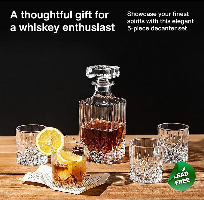 Whiskey Decanter Set,800ML Elegant Liquor Carafe with Ornate Glass Stopper and 2 Matching Whisky Tumblers–Whisky,Scotch, Liquor, Wine, Bourbon, Gin, Rum, Tequila, Vodka and Brandy (Iceberg Style)