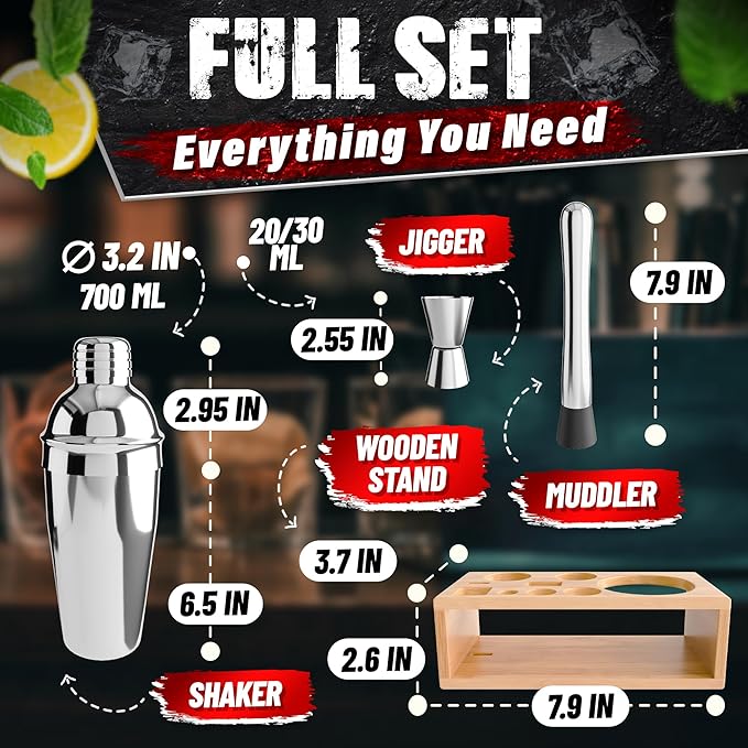 Bar Set & Cocktail Shaker Kit (10-Piece) — Stainless Steel Mixology Bartender Kit with Shaker, Jigger, Strainer, Muddler, Spoon, Tongs, Corkscrew & Wooden Stand — Bar Tools Gift for Cocktail Lover
