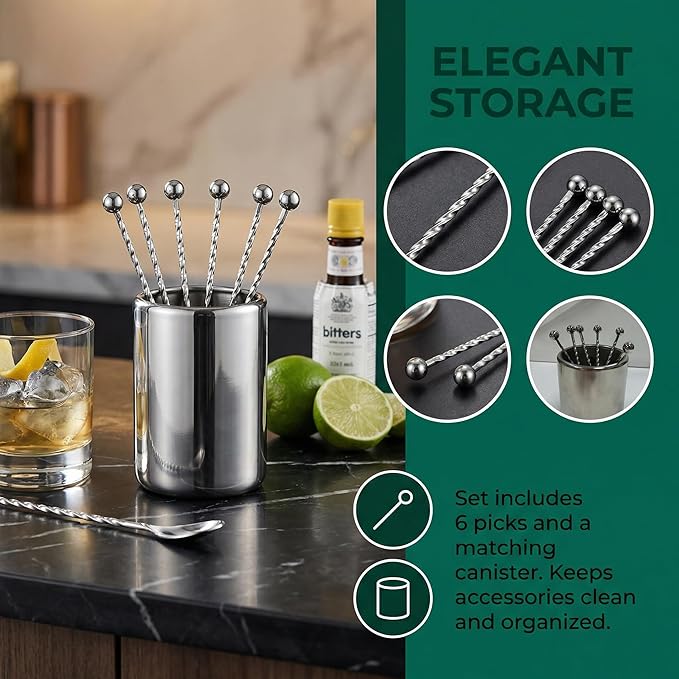 6Pcs Metal Cocktail Picks and Holder Reusable Stainless Steel Skewers Toothpicks Kit for Cocktails Drinks Garnish Appetizers Martini Picks Fruit Coctail Skewer Accessories