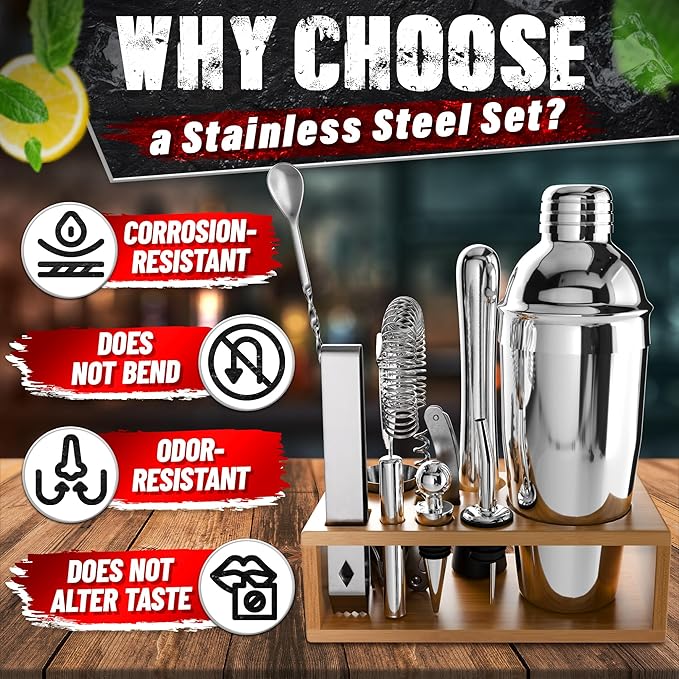 Bar Set & Cocktail Shaker Kit (10-Piece) — Stainless Steel Mixology Bartender Kit with Shaker, Jigger, Strainer, Muddler, Spoon, Tongs, Corkscrew & Wooden Stand — Bar Tools Gift for Cocktail Lover