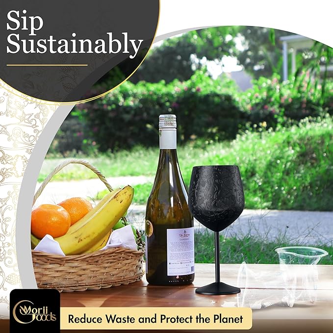 Stainless Steel Wine Glasses - Set of 2 Etched 16 oz Metal Goblets, Unbreakable Black Cups for Camping, Travel, Outdoor Events, Picnics, Luxury Wine Gifts for Women and Men (Matte Black)