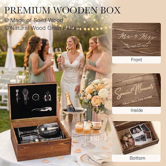 Wedding/Anniversary/Engagement/Bridal Shower and Bachelorette Gifts for Couples,Bride & Newlywed, Engraved Mr and Mrs Wine Glasses with 5-Piece Wine Accessory Kit (Bordeaux Wine Glass+Box)