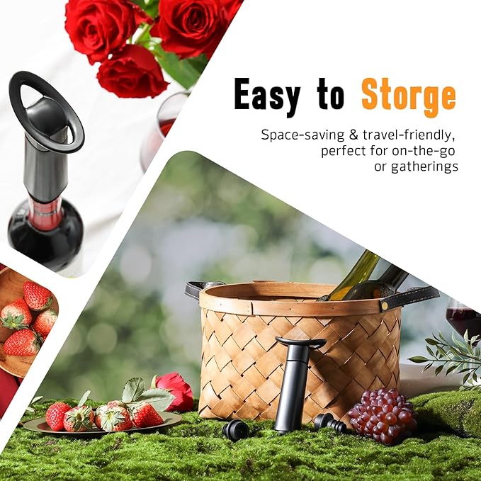 OWO Wine Vacuum Pump with 8 Stoppers, Wine Saver & Preserver, Food Grade Silicone Stoppers, Reusable Air Remover Pump for Standard Wine Bottles - Keeps Wine Fresh Longer