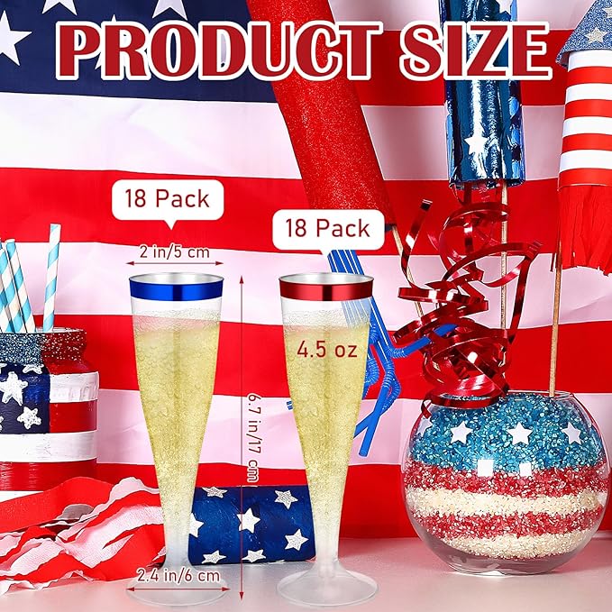 Jingmore 36 Pcs Plastic Champagne Flutes 4.5 oz Clear Disposable Wine Glasses Cocktail Cup Champagne Glass for Wedding Graduation Summer Party Favor Mimosa Bar Supplies (Blue,Red)