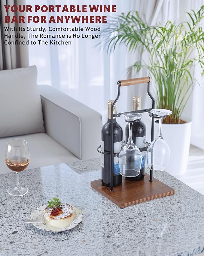 Countertop Wine Rack and Glass Holder | Portable Wine Caddy Holds 2 Bottles & 2 Glasses | Small Wine Rack with Wood Base, Perfect for Tabletop Wine Storage & Home Bar Decor (Black)