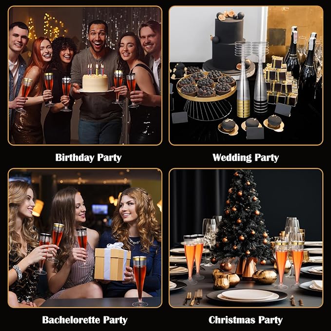 Jingmore 36 Pcs Plastic Champagne Flutes 4.5 oz Clear Disposable Wine Glasses Cocktail Cup Champagne Glass for Wedding Graduation Summer Party Favor Mimosa Bar Supplies (Black,Gold)