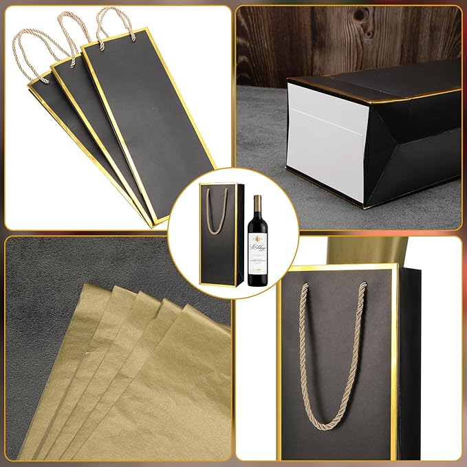 TaoBary 50 Pcs Wine Gift Bags and Gold Wrapping Paper Set Wine Bags for Bottle Bulk 4 x 5 x 13 Inch Champagne Gift Paper Sack with Handles for Christmas Appreciation Wedding Anniversary(black,30 Pcs)