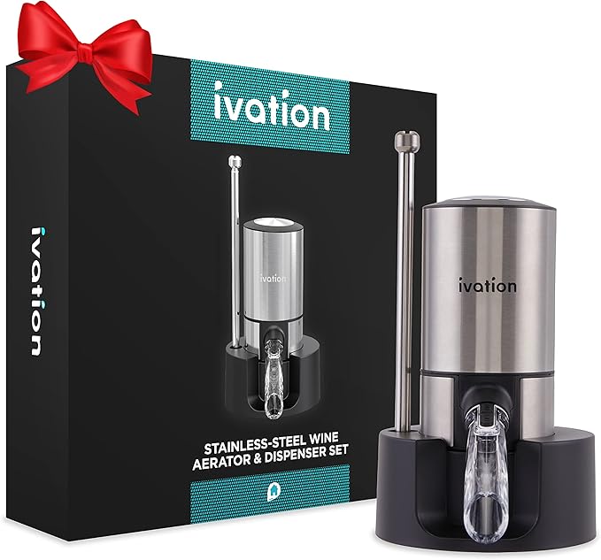 Ivation Stainless Steel Wine Aerator & Dispenser Set | Electric Battery-Operated Universal Wine Spout with Automatic Button Dispenser, Aeration Control, Stainless Steel Extension Rod & Storage Stand