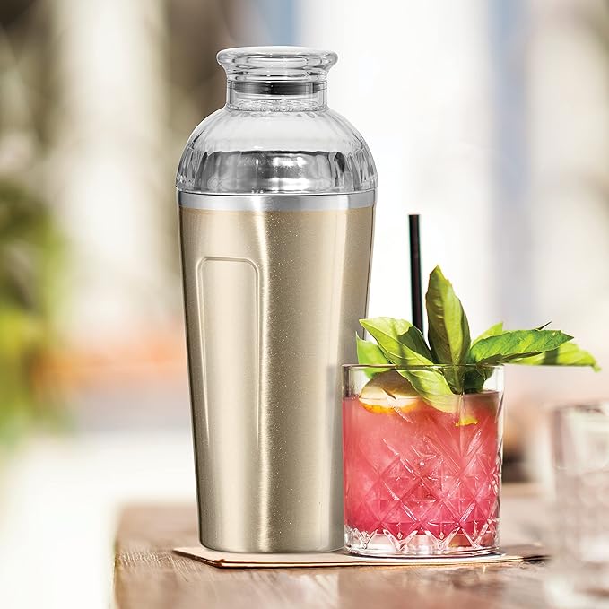 OGGI Groove Insulated Cocktail Shaker-17oz Double Wall Vacuum Insulated Stainless Steel, Tritan Lid has Built In Strainer, Ideal Cocktail Mixer, Martini Shaker, Margarita Shaker, Gold