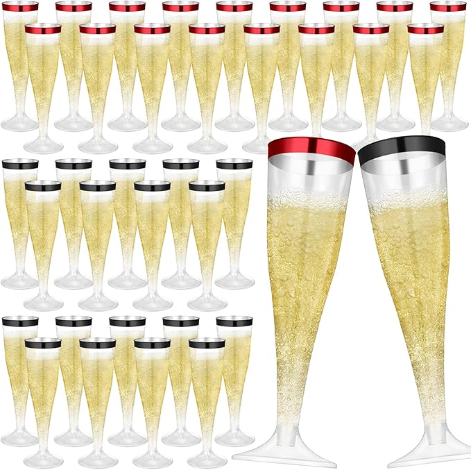 Jingmore 36 Pcs Plastic Champagne Flutes 4.5 oz Clear Disposable Wine Glasses Cocktail Cup Champagne Glass for Wedding Graduation Summer Party Favor Mimosa Bar Supplies (Black,Red)