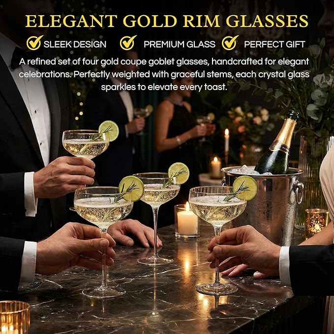 Gold Rim Coupe Glasses 11 oz, Set of 4 Classic Manhattan Glasses - Martini, Cocktails, Champagne, Wine & Water, Coupes Gilded Rimed, Crystal Stemmed, Short Stem Sets Perfect for Drinking Champagne