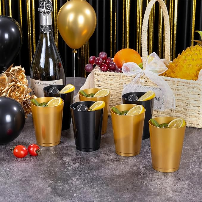 DaYammi 100 Pack Plastic Cups for Party- Disposable Gold Cups and Black Cup Include: 50 Black Plastic Cup and 50 Gold Disposable cup for Party Supplies Festive Celebrations Wine Beer Beverage