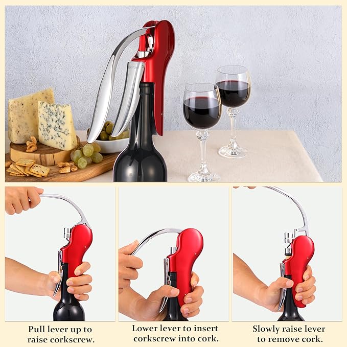 Wine Bottle Corkscrew Opener, Vertical Lever Corkscrew 5-Piece Set, Manual Vertical Design, Includes Wine Foil Cutter, Extra Spiral, Wine Pourer and Wine Stopper, Elegant Gift Box, Red