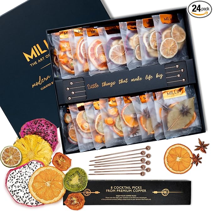 Cocktail Garnish, PREMIUM GIFT SET, with COCKTAIL PICKS I 100% Natural Dehydrated fruits I Home Bar, Barware, Hosting Men Women Corporate Holiday Bar Gift -Medium (70 slices + 8 picks)